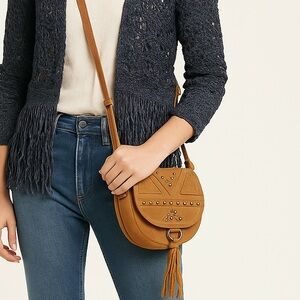 Lucky Brand Studded Suede & Leather Crossbody Bag with Tassel – Cognac Brown NWT